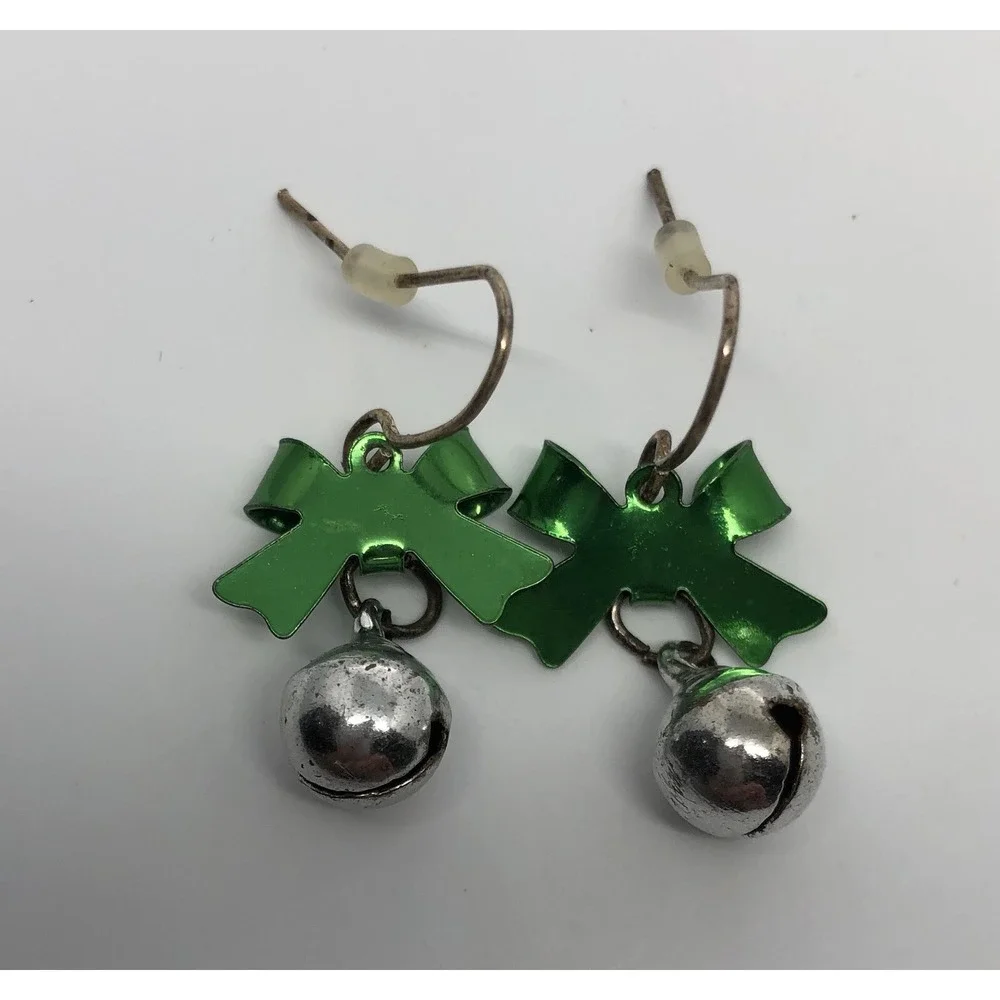 CHRISTMAS SILVER JINGLE BELLS, GREEN BOW FISH‎ HOOK BACK EARRINGS-SIZE SMALL